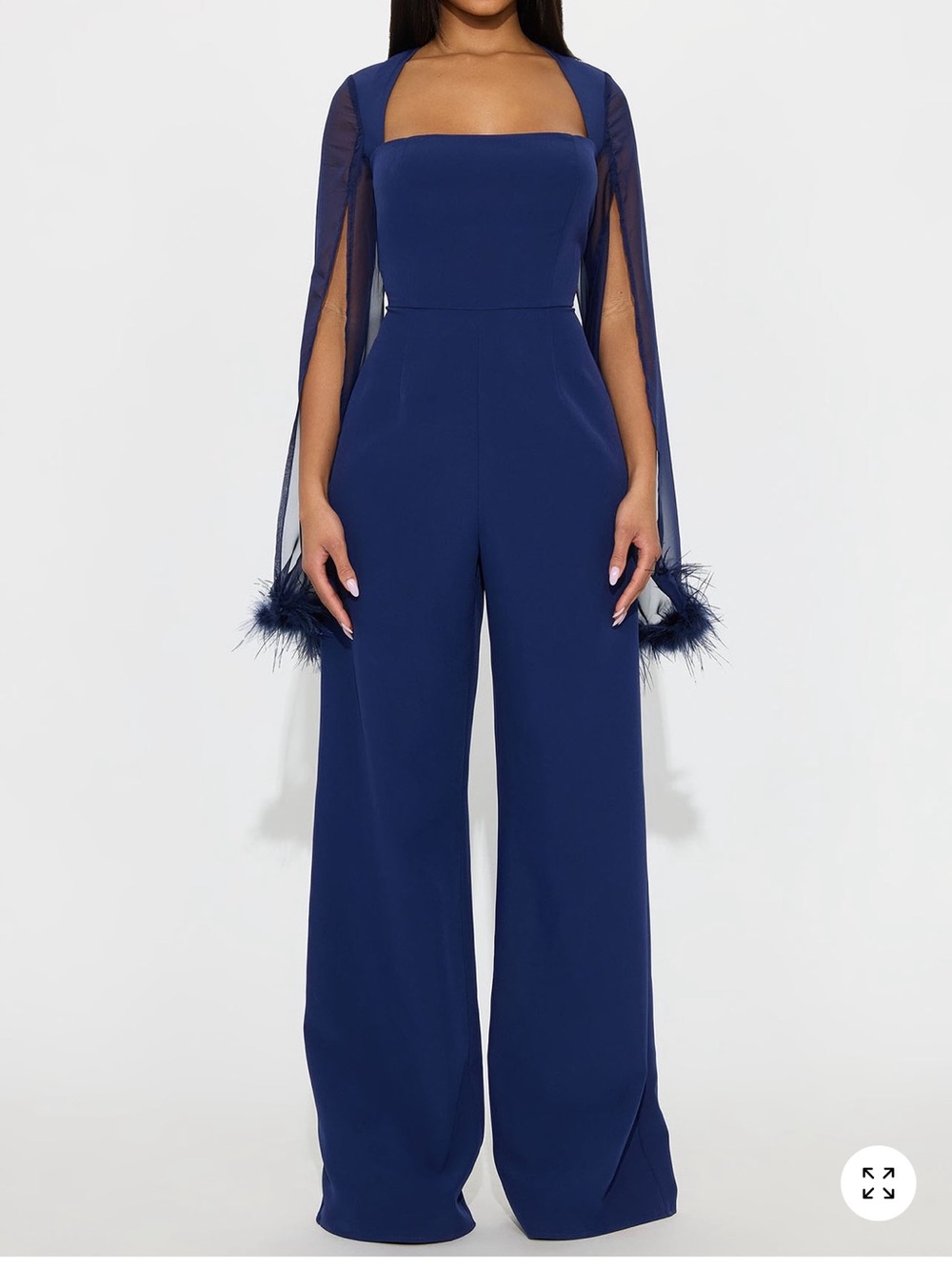 Fashion Nova Navy Wide-Leg Jumpsuit with Cape Sleeves and Feather Cuffs